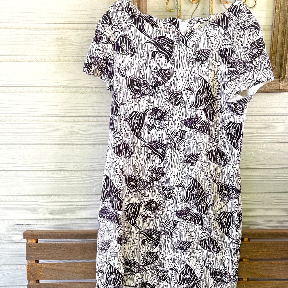 Lilly Pulitzer Black White Fish Print White Label Vintage Scalloped Neck Dress
